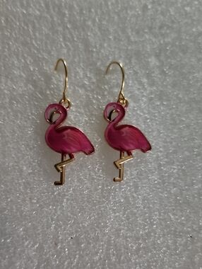 Hand Crafted Pink Flamingo Enamel Drop Earrings - Gold Tone Hooks
